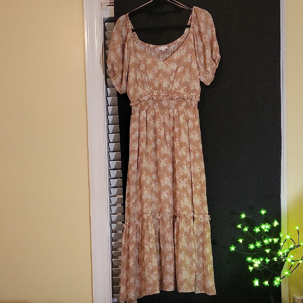 Bohme Floral Midi Dress in Tan and Cream
